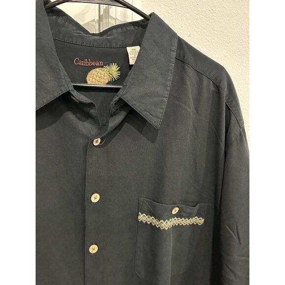 Caribbean Embroidered Cocktail Button Front Shirt Black Sz 3X Pineapple Tropical - Picture 5 of 10